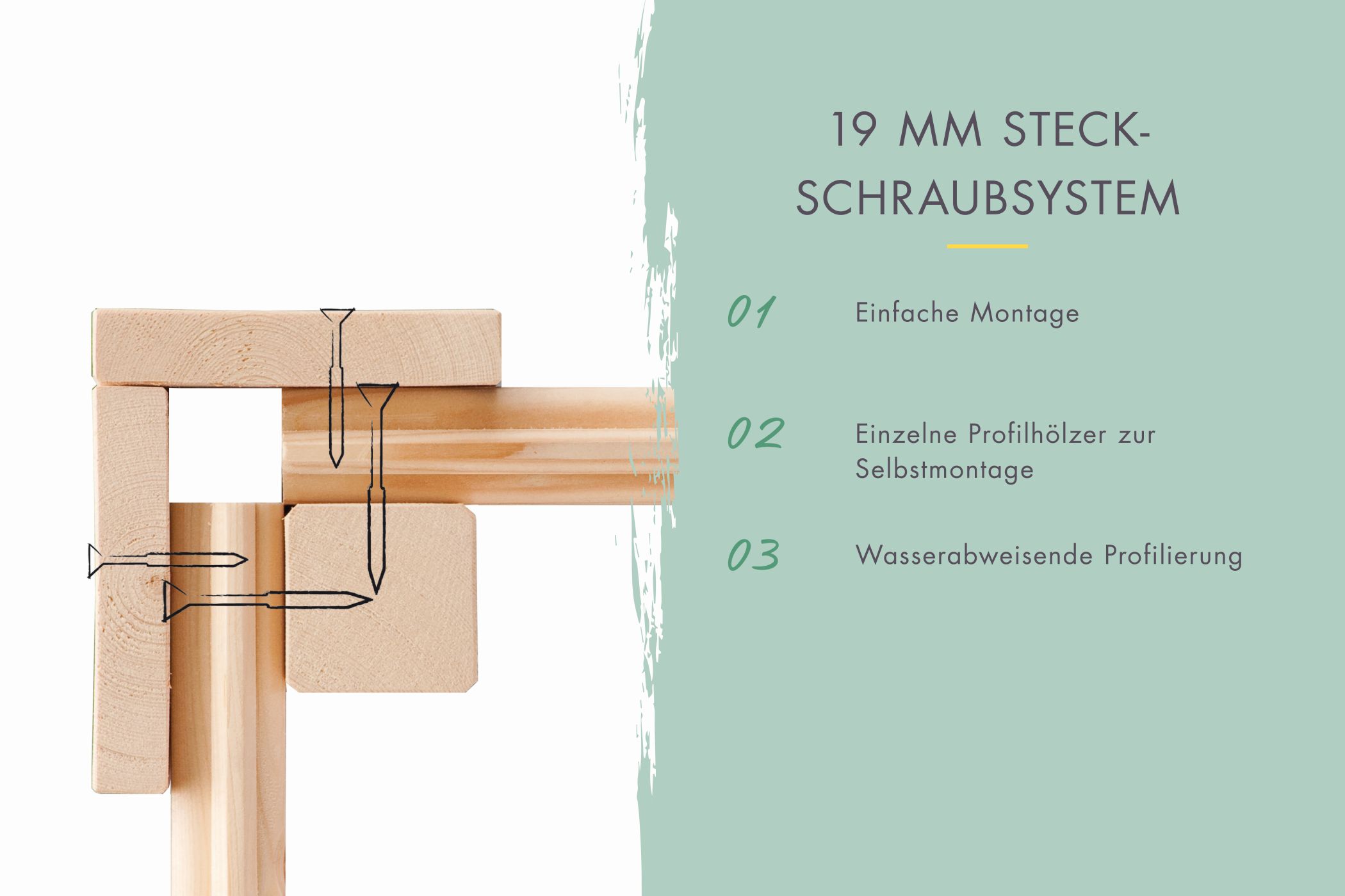 19-mm-Blockbohlenbauweise des Karibu Gerätehaus Lahar 3,5 mit Nut-und-Feder-Verbindung