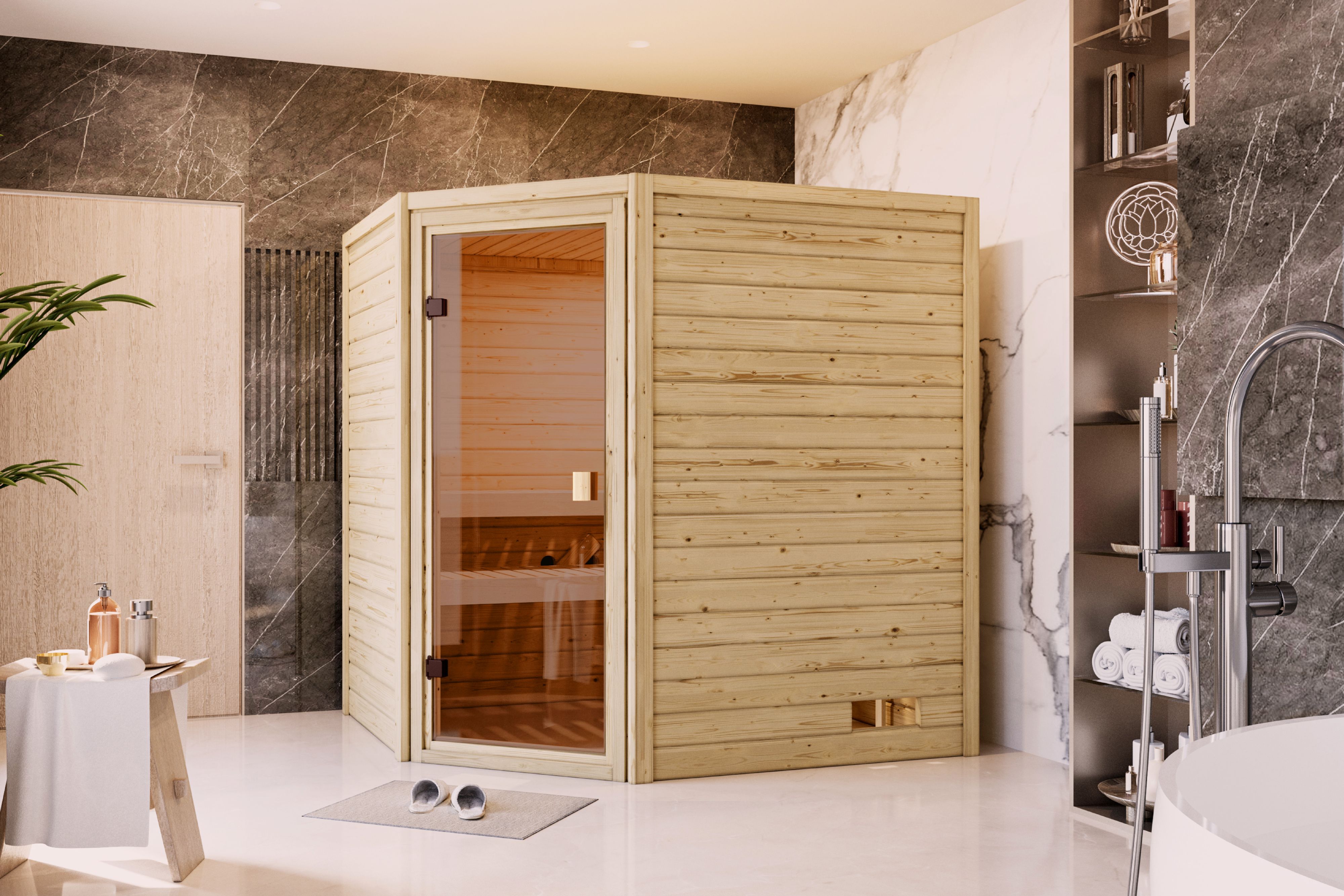 Karibu Sauna Mia als hochwertige Sauna aus nordischer Fichte im Wohnraum-Ambiente