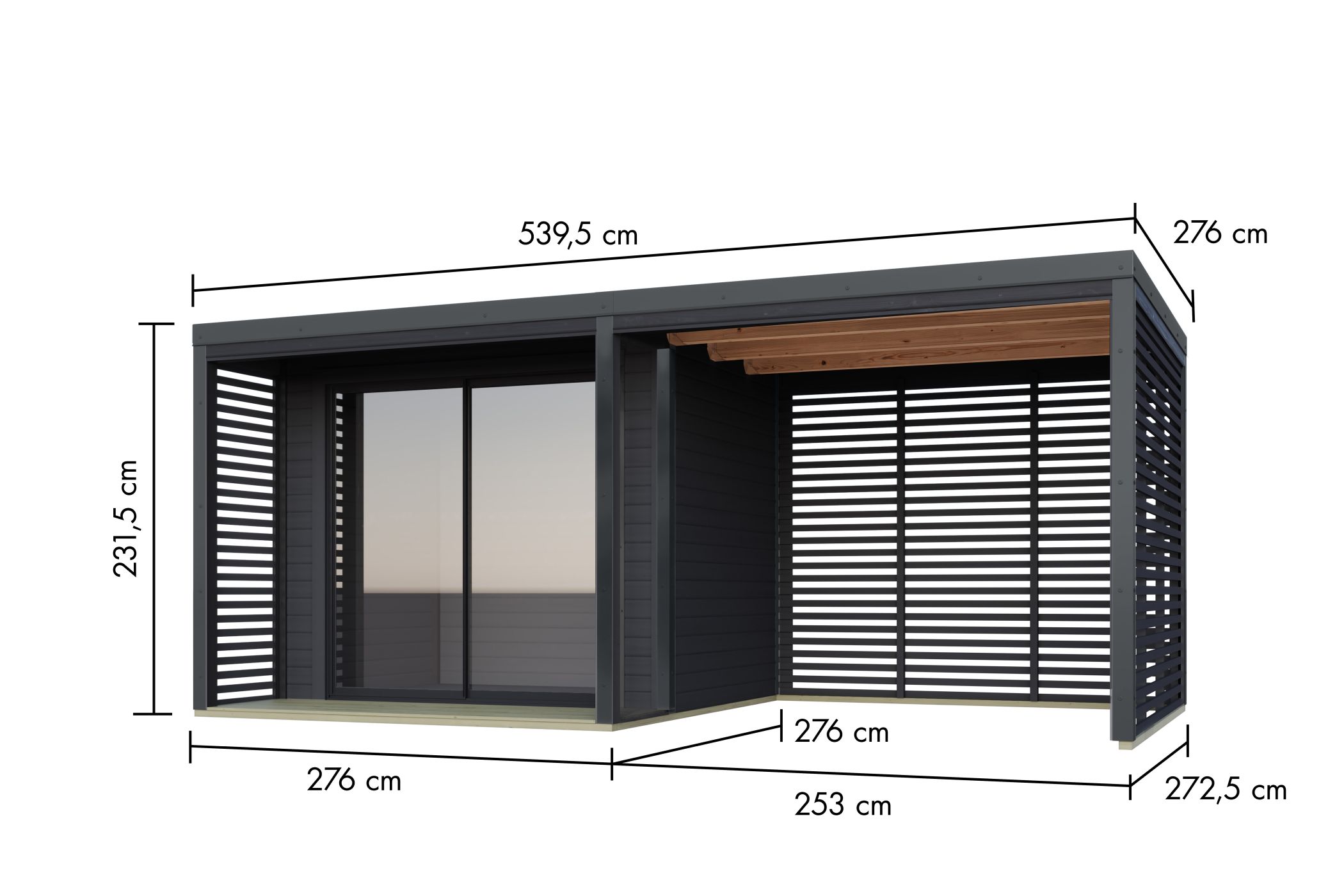 Bemaßte Maßzeichnung des Karibu Gartenhaus Holz & Metall Saturn mit Anbaudach, 540 × 276 cm