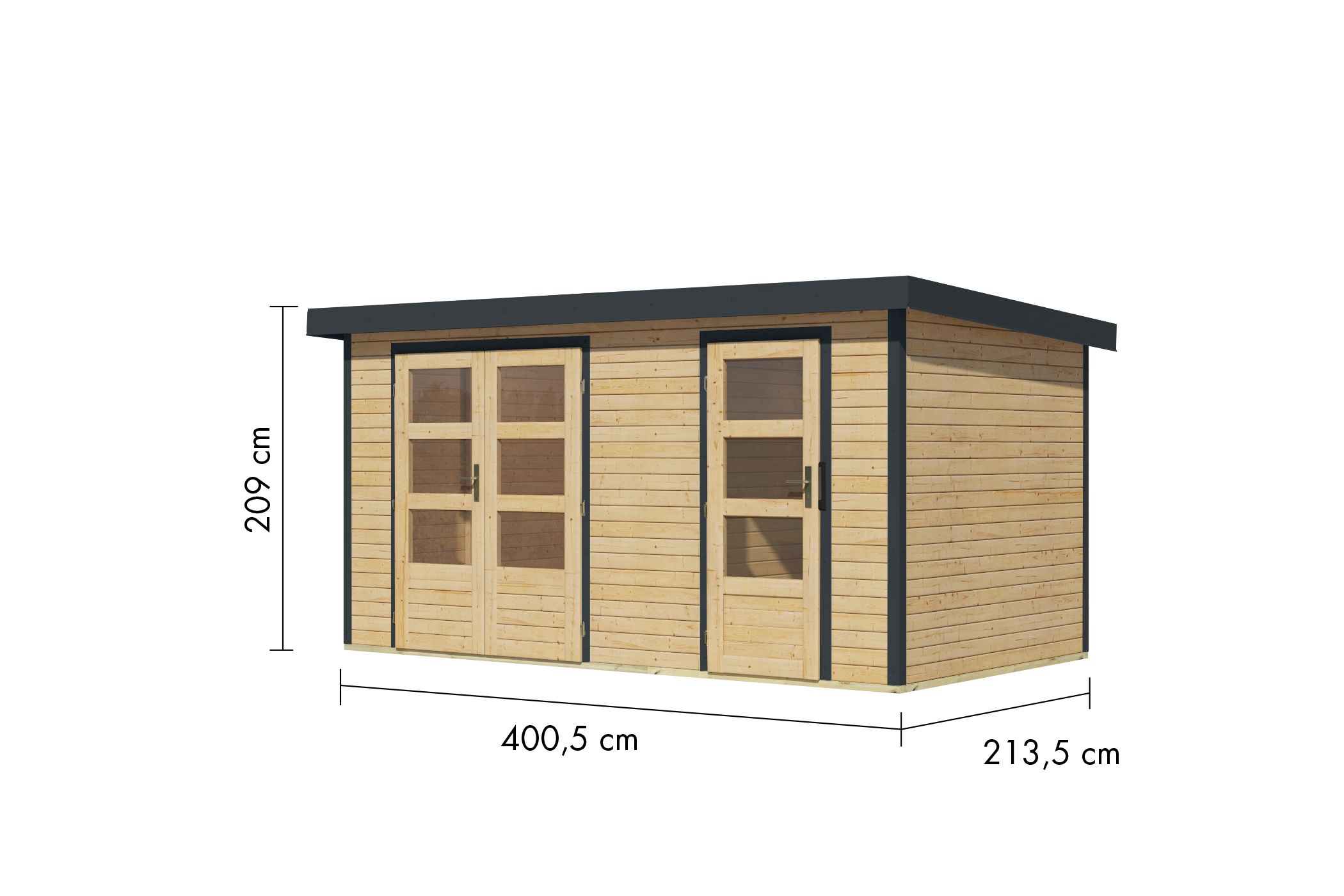 Bemaßte Maßzeichnung des Karibu großes Gartenhaus Holz & Metall Merkur, 400 × 214 cm