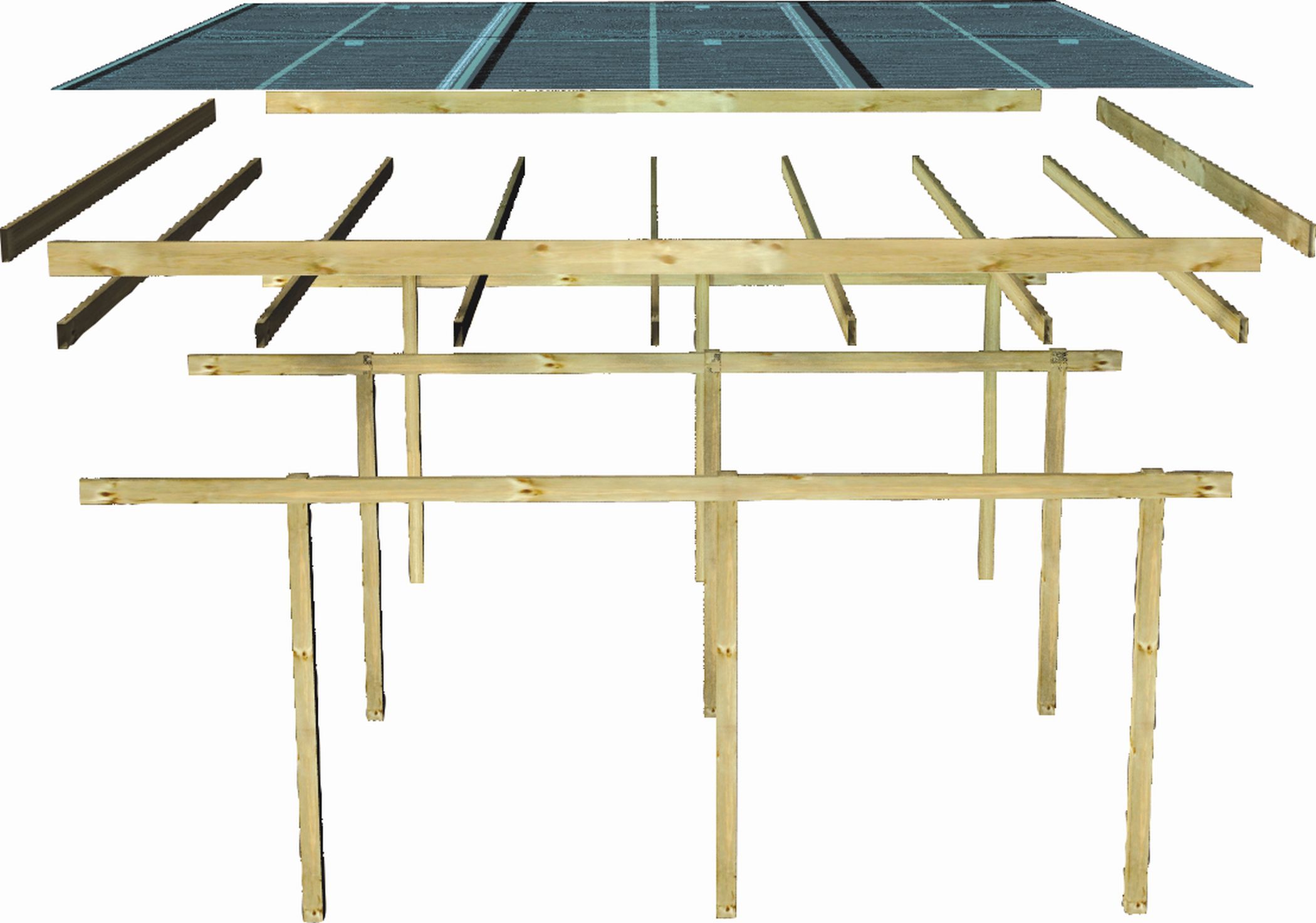 Aufbaudarstellung des Karibu Doppelcarport BASIC 2 mit Pfosten, Trägerbalken und Dachplatten im Überblick