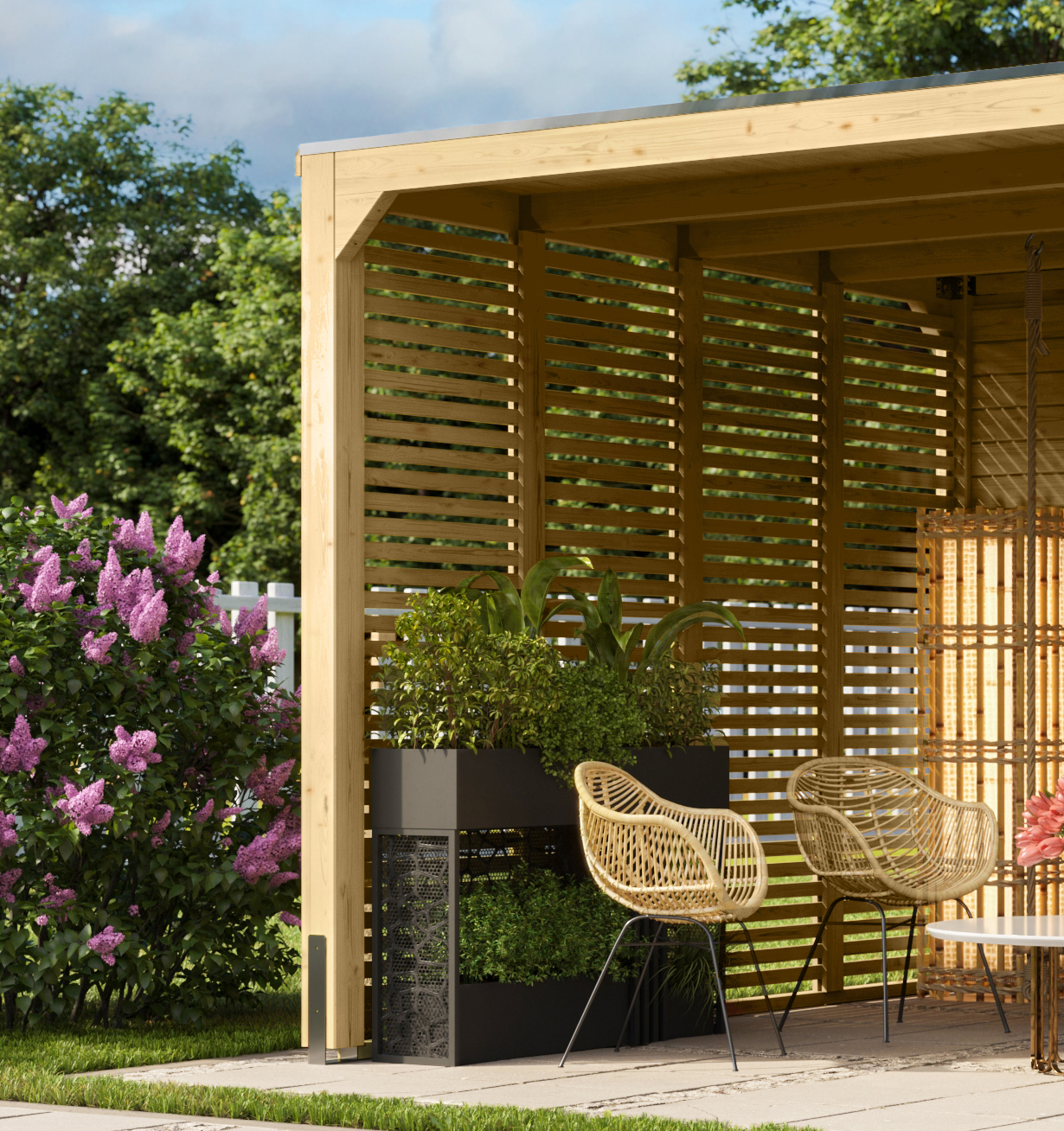 Karibu Cubus Pavillon Lamellenwand aus Leimholz mit Flachdach im Garten als Ambiente-Ansicht