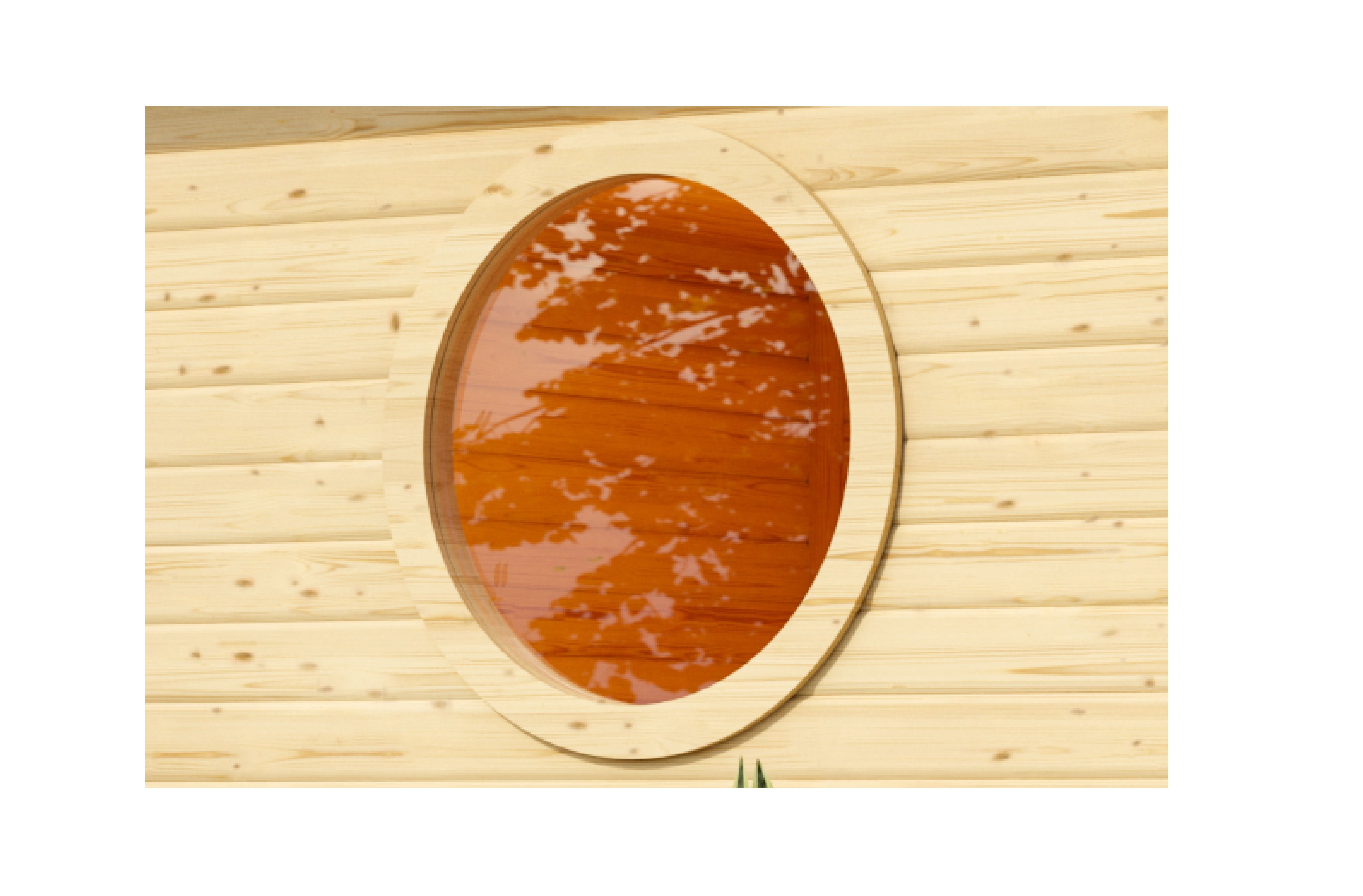 Karibu Saunafenster Rund klarglas für 38 mm Saunen als hochwertige Sauna aus nordischer Fichte im Wohnraum-Ambiente