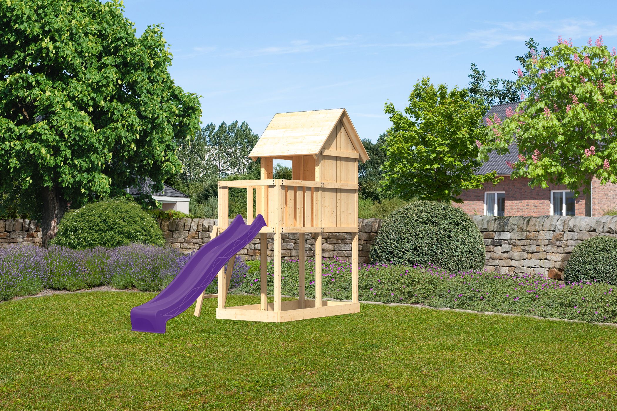 AKUBI Kinderspielhaus Frieda aus Fichtenholz mit Podest und Spielhaus, im Garten aufgebaut