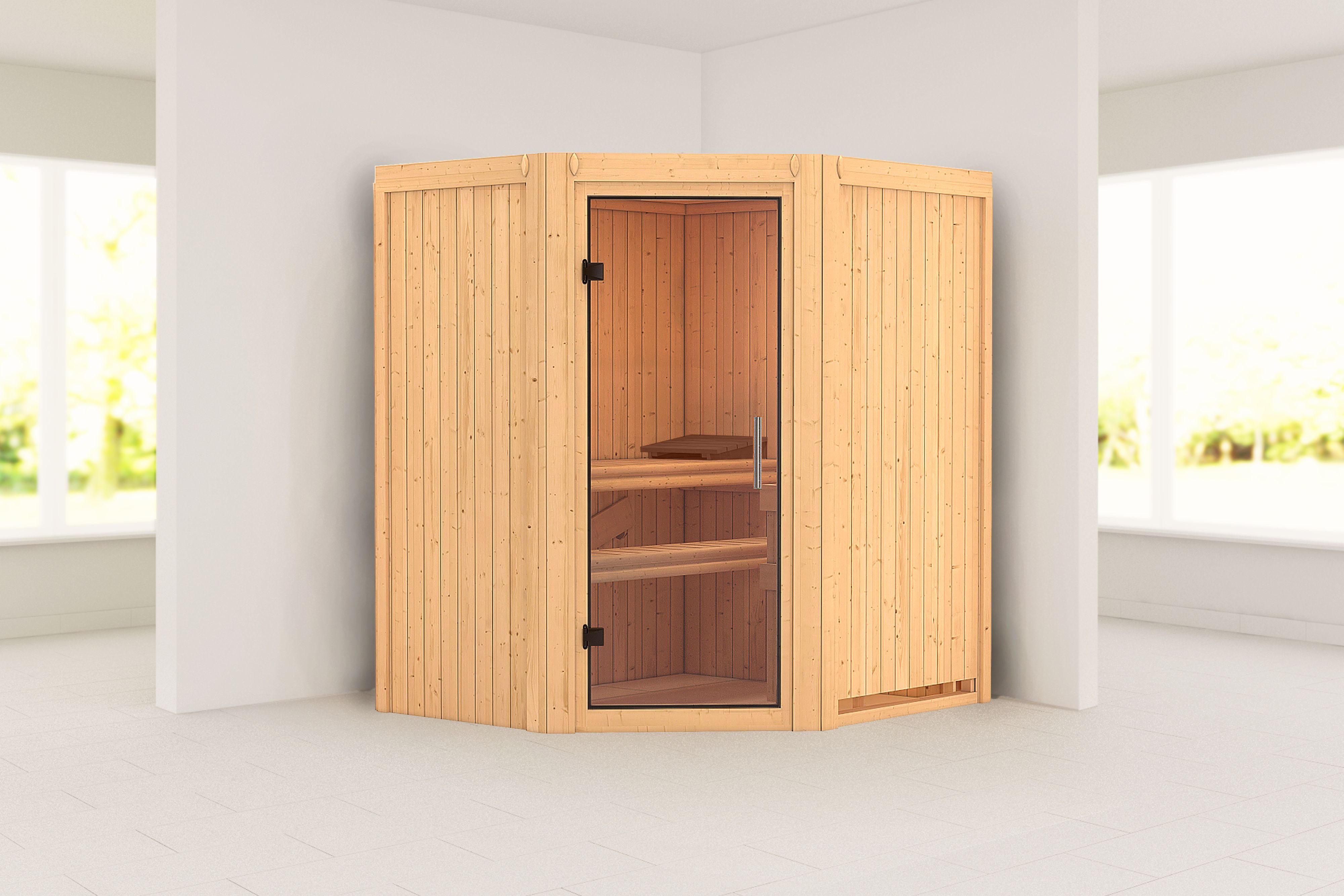 Außenansicht der Karibu Sauna Taurin aus nordischer Fichte mit Klarglas-Ganzglastür und Fronteinstieg