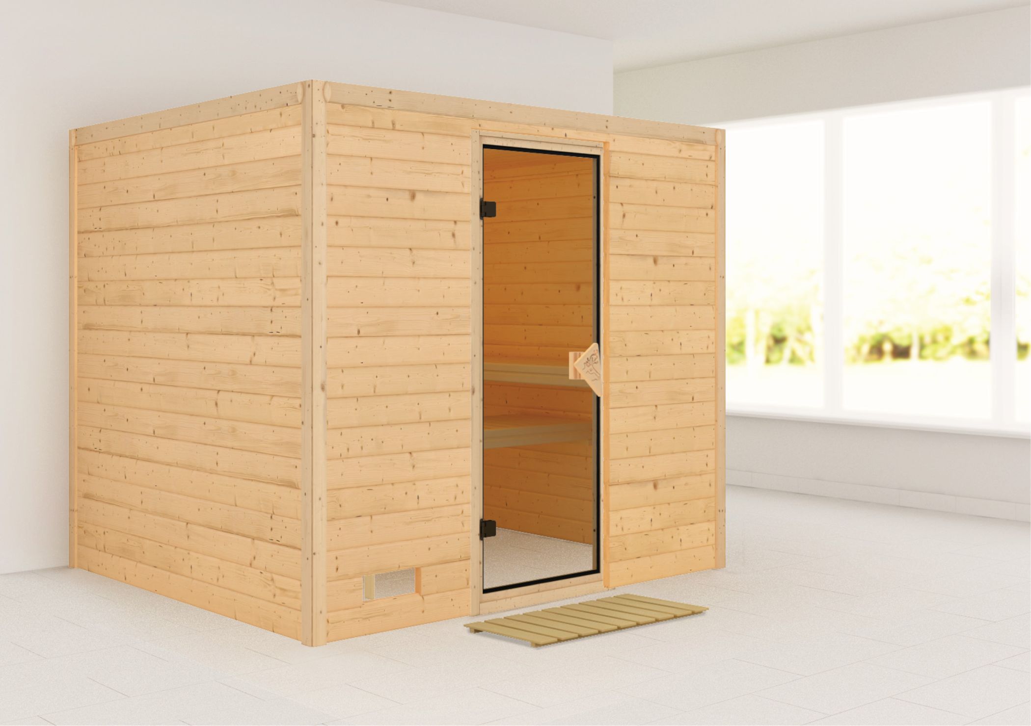 Außenansicht der Karibu Sauna Sonara aus nordischer Fichte mit bronzierter Ganzglastür und Fronteinstieg