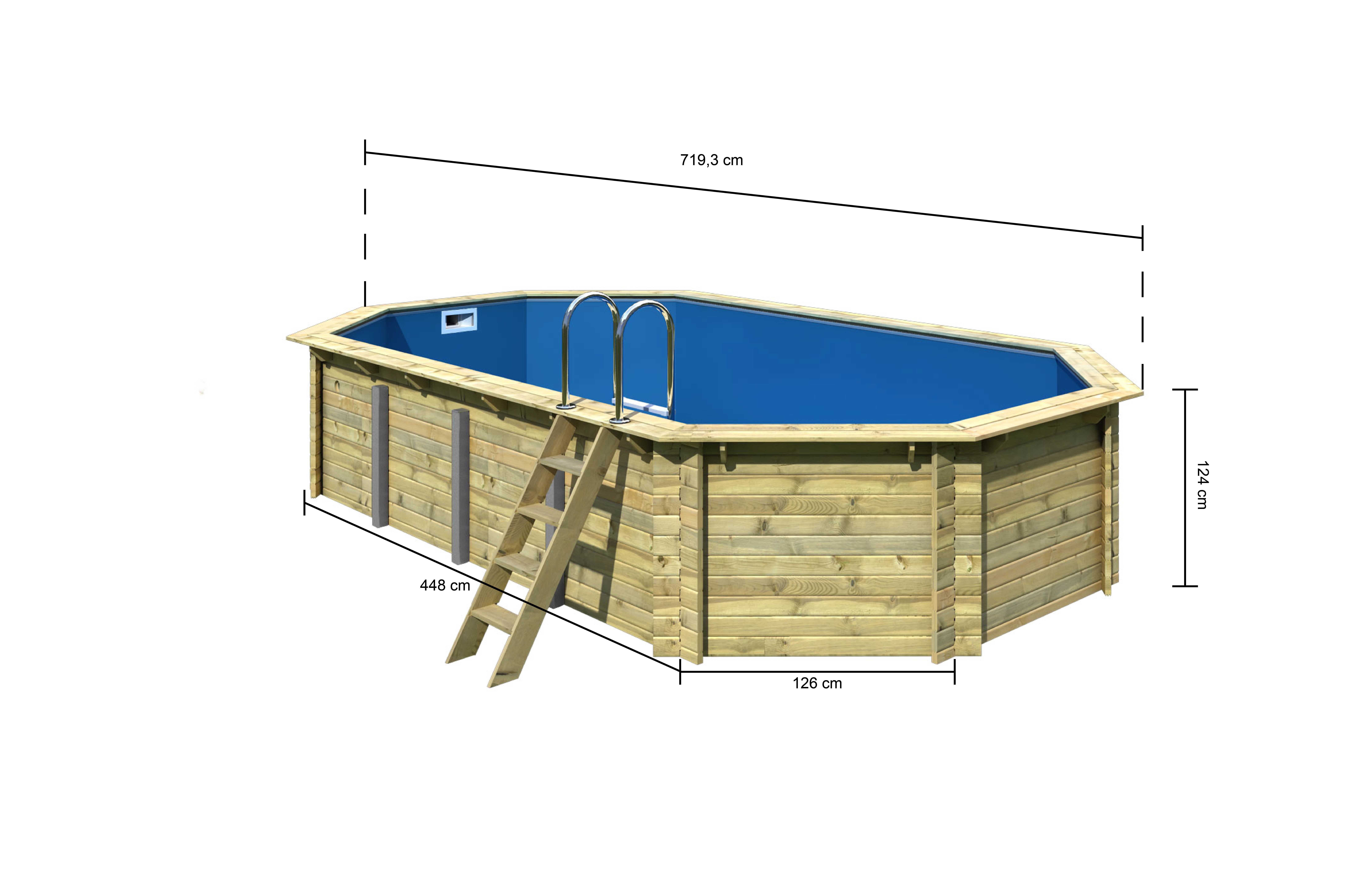 Maßzeichnung eines Karibu Gartenprodukts mit Bemaßung von Grundfläche und Höhe