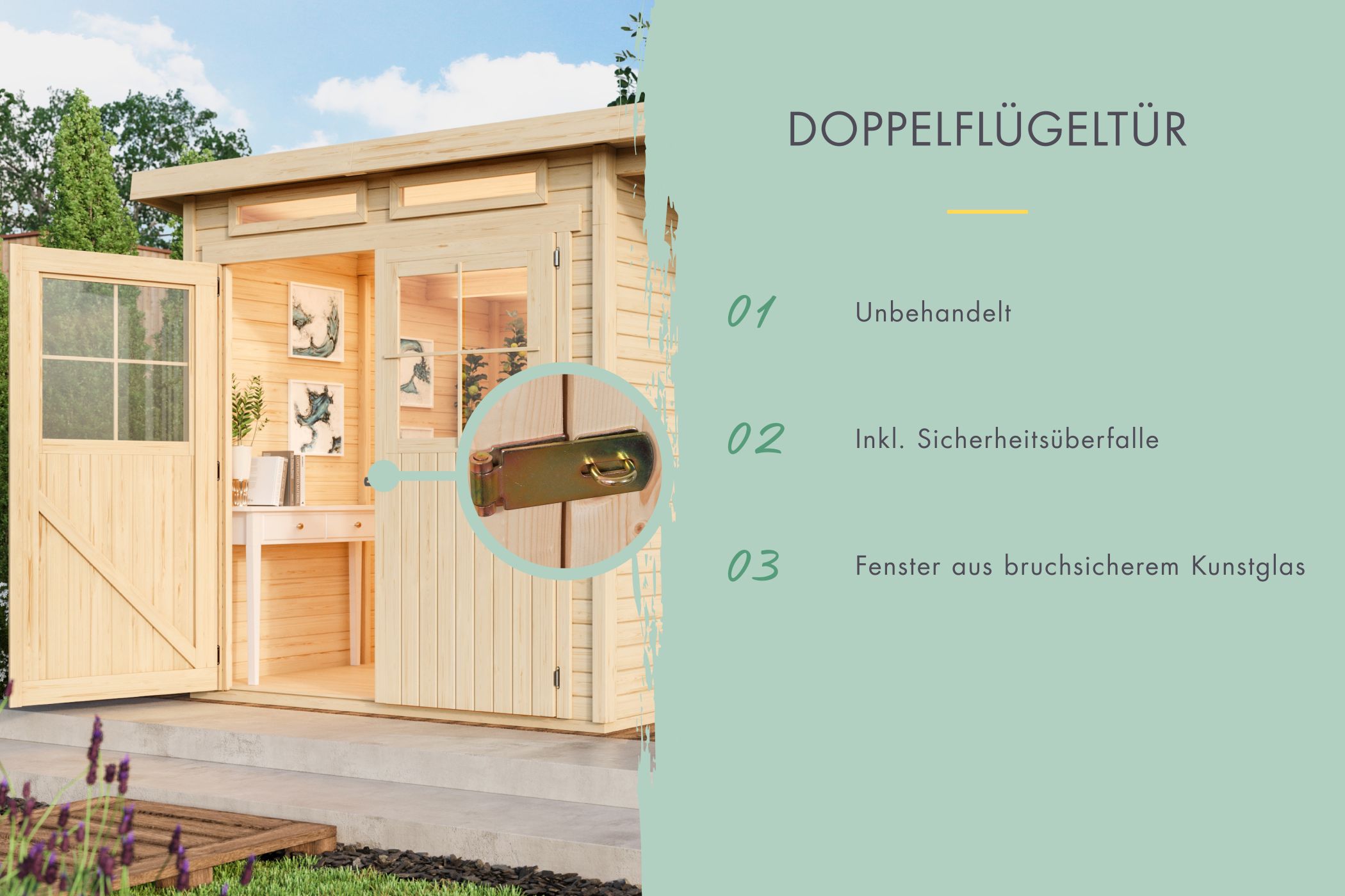 Doppelflügeltür des Karibu Gerätehaus Glücksburg 3 mit Zylinderschloss und Kunstglas