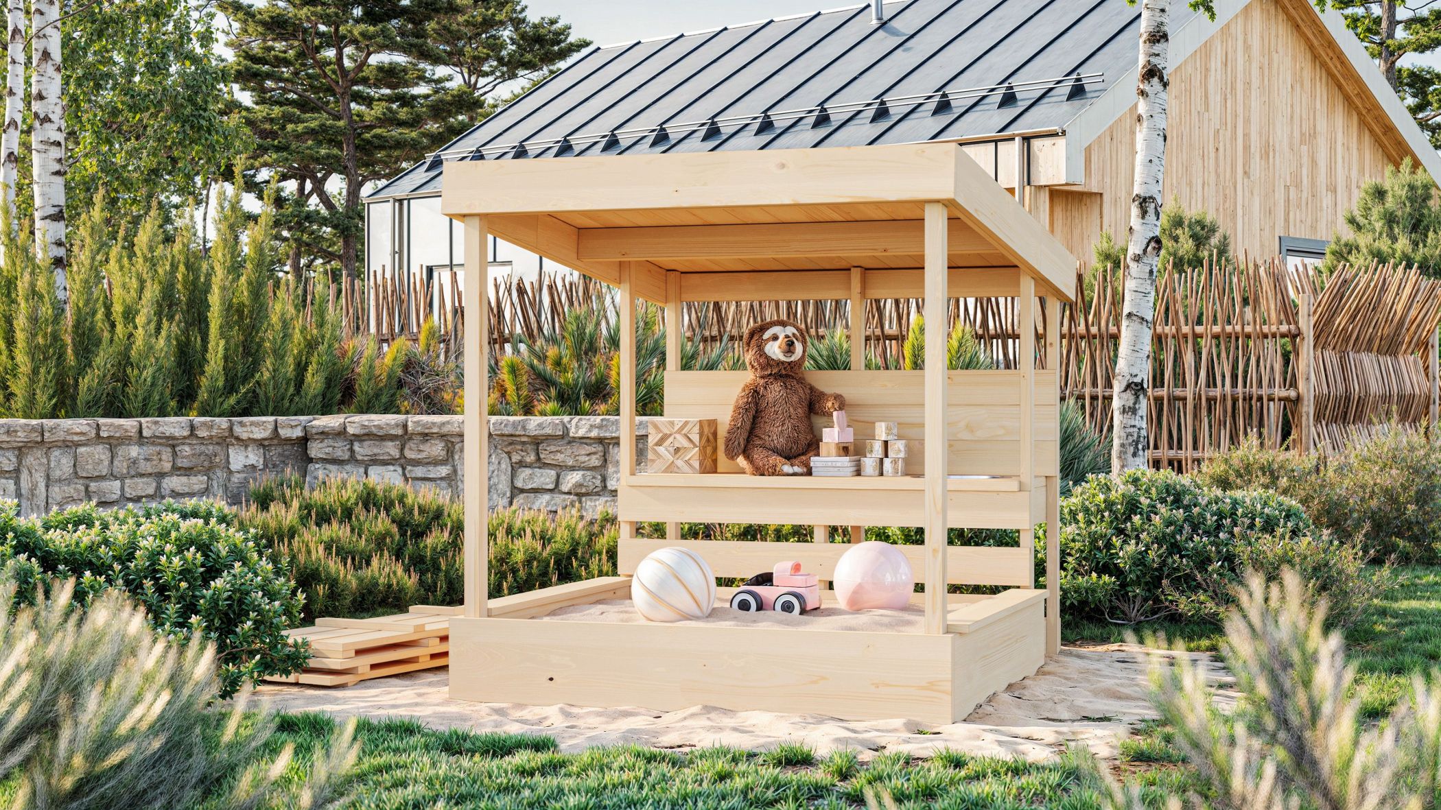 Karibu Sandkasten Max mit Dach und Matschküche aus Holz, im Garten aufgebaut