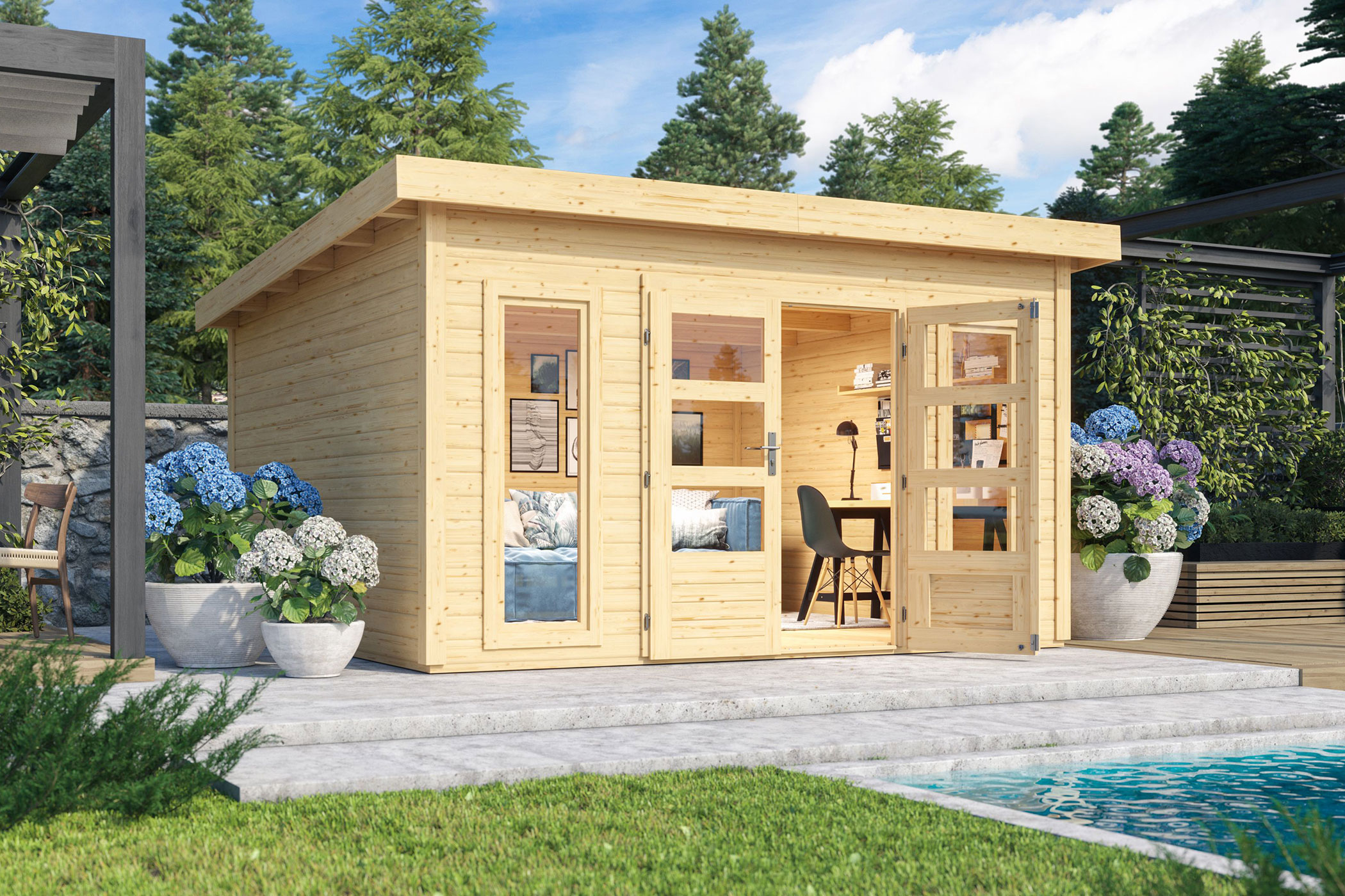 Karibu großes Gartenhaus Northeim 5 in Naturbelassen im Garten