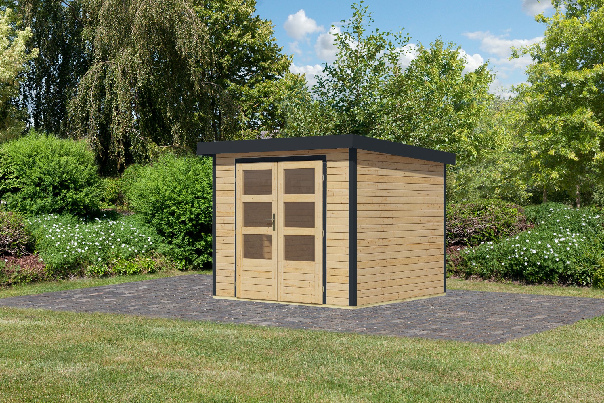 Karibu Gartenhaus Holz & Metall Jupiter 3 in Naturbelassen mit Metall in Anthrazit, Außenansicht