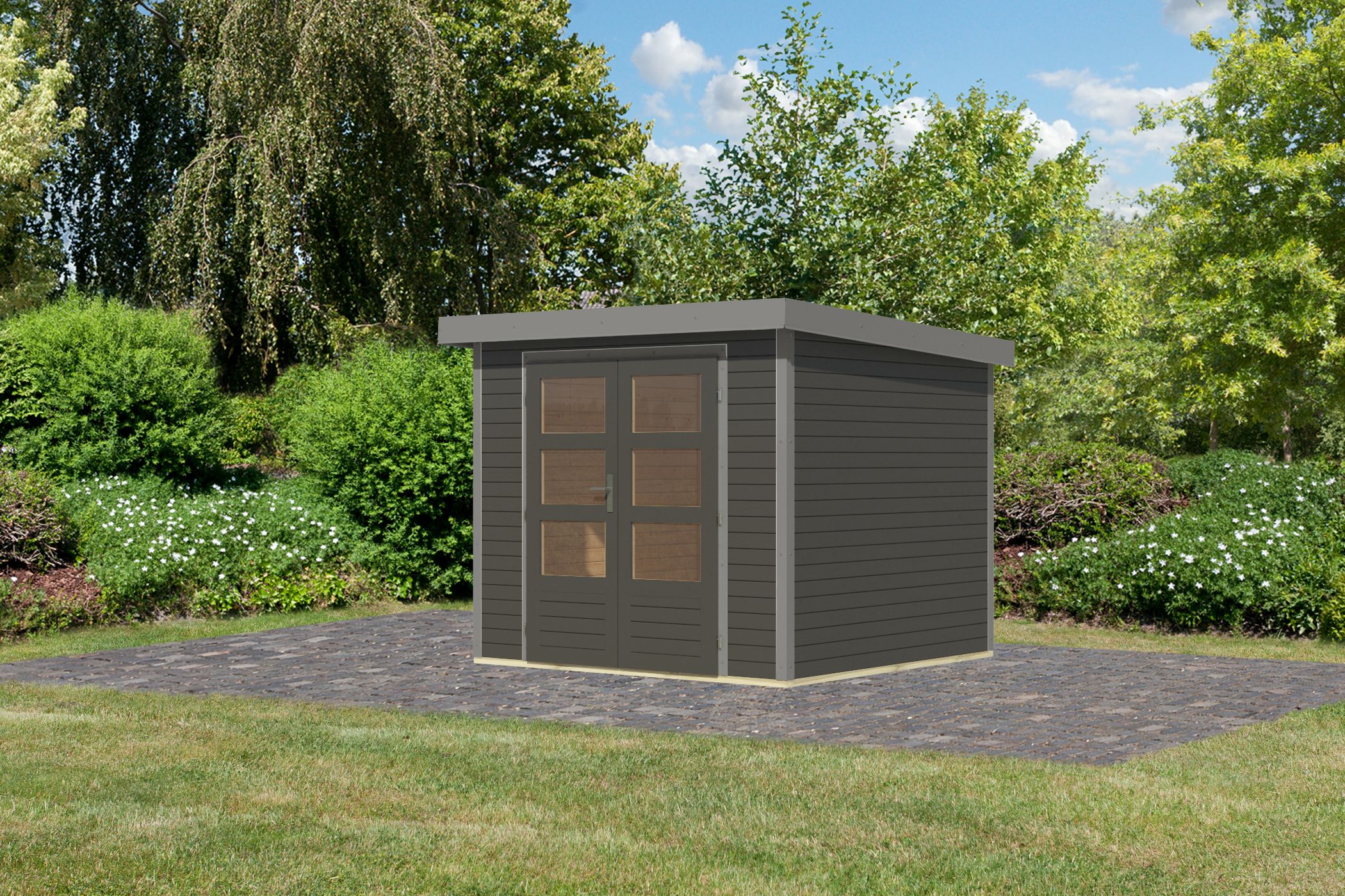 Karibu Gartenhaus Holz & Metall Jupiter 3 in Terragrau mit Metall in Graualuminium, Außenansicht