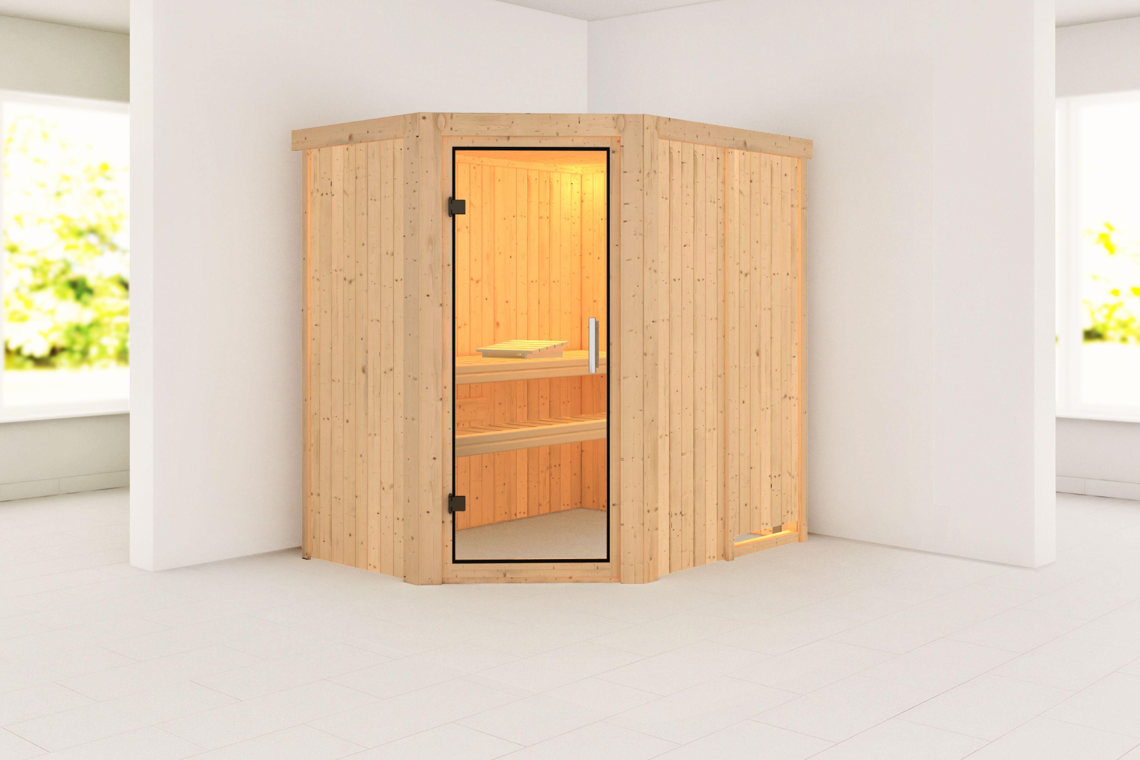 Außenansicht der Karibu Sauna Carin aus nordischer Fichte mit Klarglas-Ganzglastür und Fronteinstieg