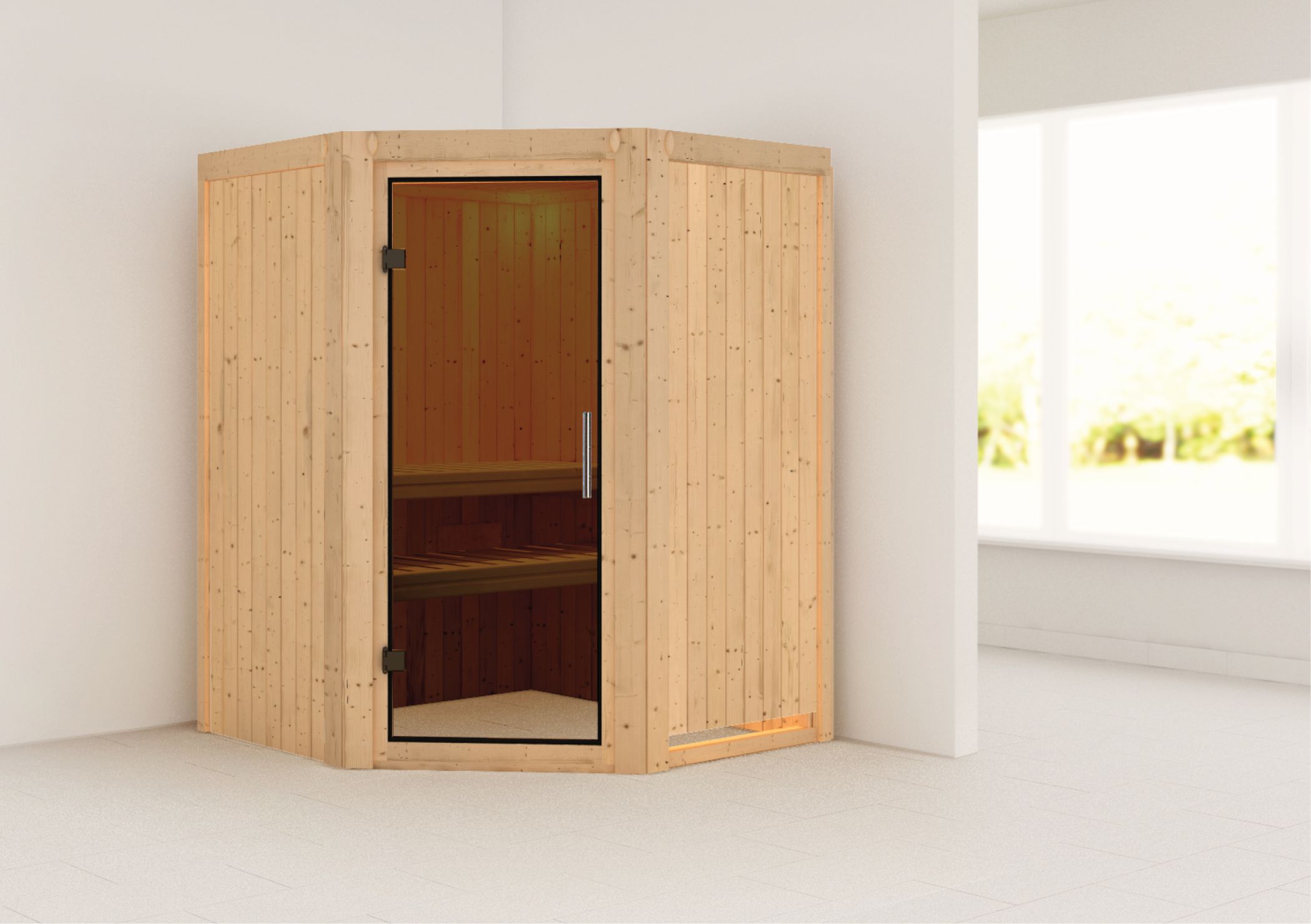 Außenansicht der Karibu Sauna Nanja aus nordischer Fichte mit graphitfarbener Ganzglastür und Fronteinstieg
