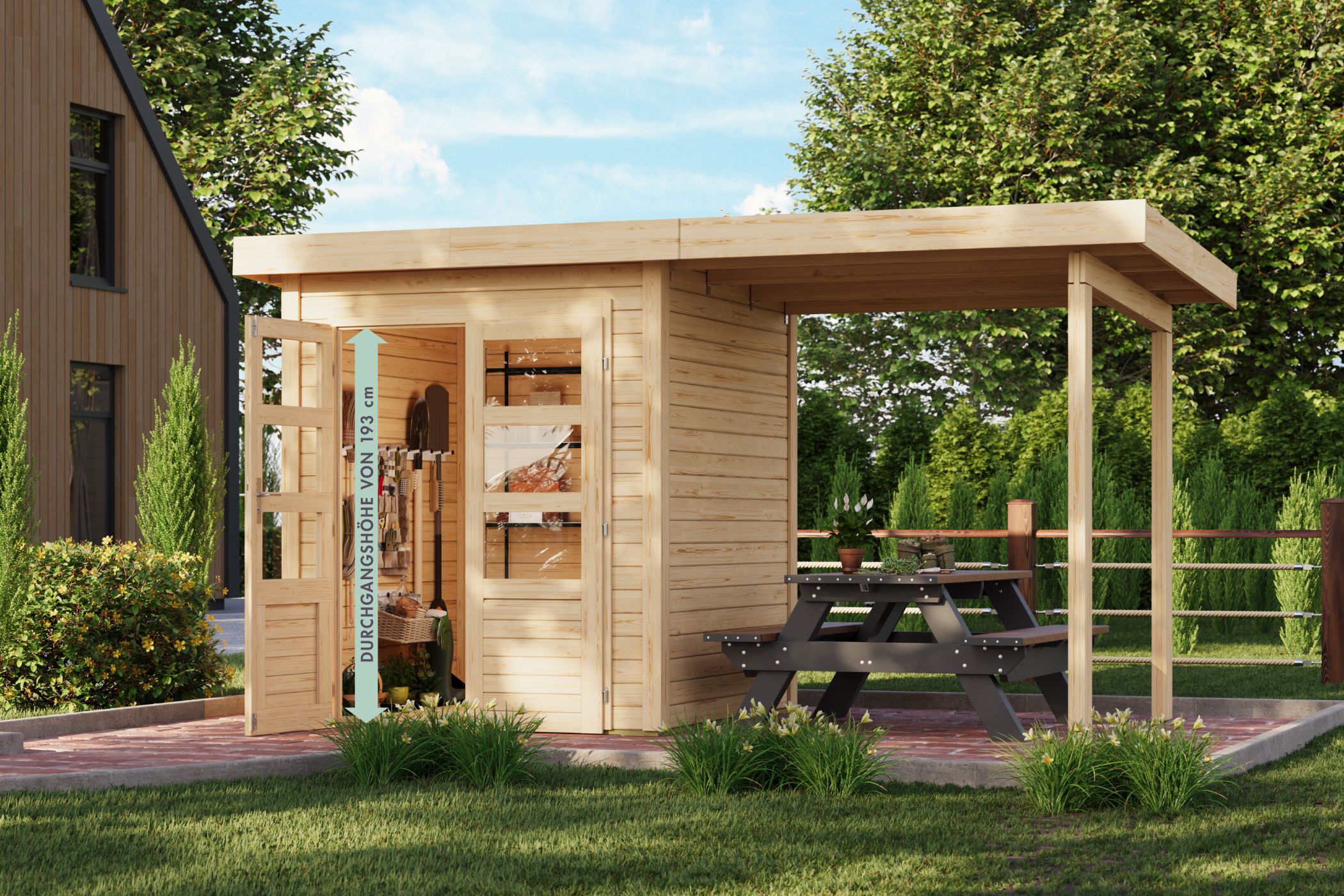 Karibu Gartenhaus Kolbin 1 XXL in Naturbelassen im Garten